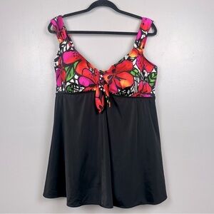 NWOT Inches Away black & red & pink tropical floral 1 piece swimdress, size 22W.